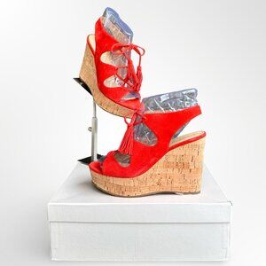 Ivanka Trump red zenia platform wedge 6 suede tie up tassel cork heel casual